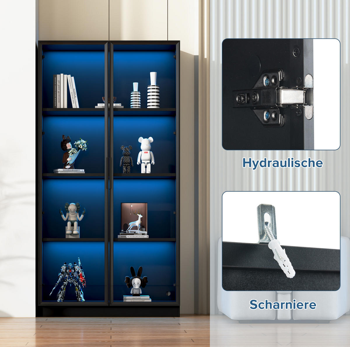 VITRINENSCHRANK mit LED-Beleuchtung 4-türig Schwarz mit Glastüren - Schwarz, Holzwerkstoff (40/160/160cm) - Beauniv