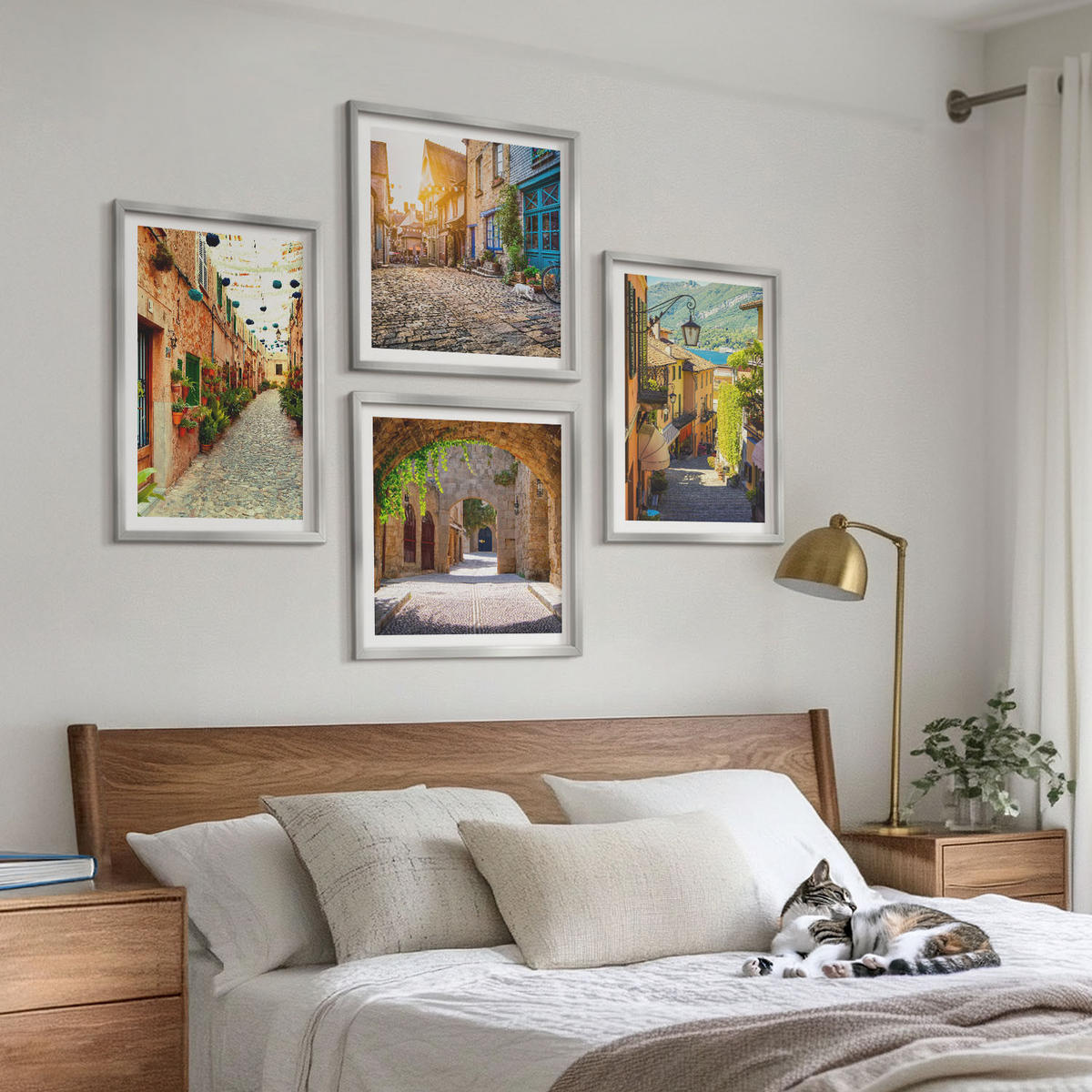 BILDER SET 4er Set - 50x50 cm & 40x60 cm Silberner Rahmen - Charmante Straßen mit Steinen - Silberfarben, Kunststoff (50/50cm) - TULUP