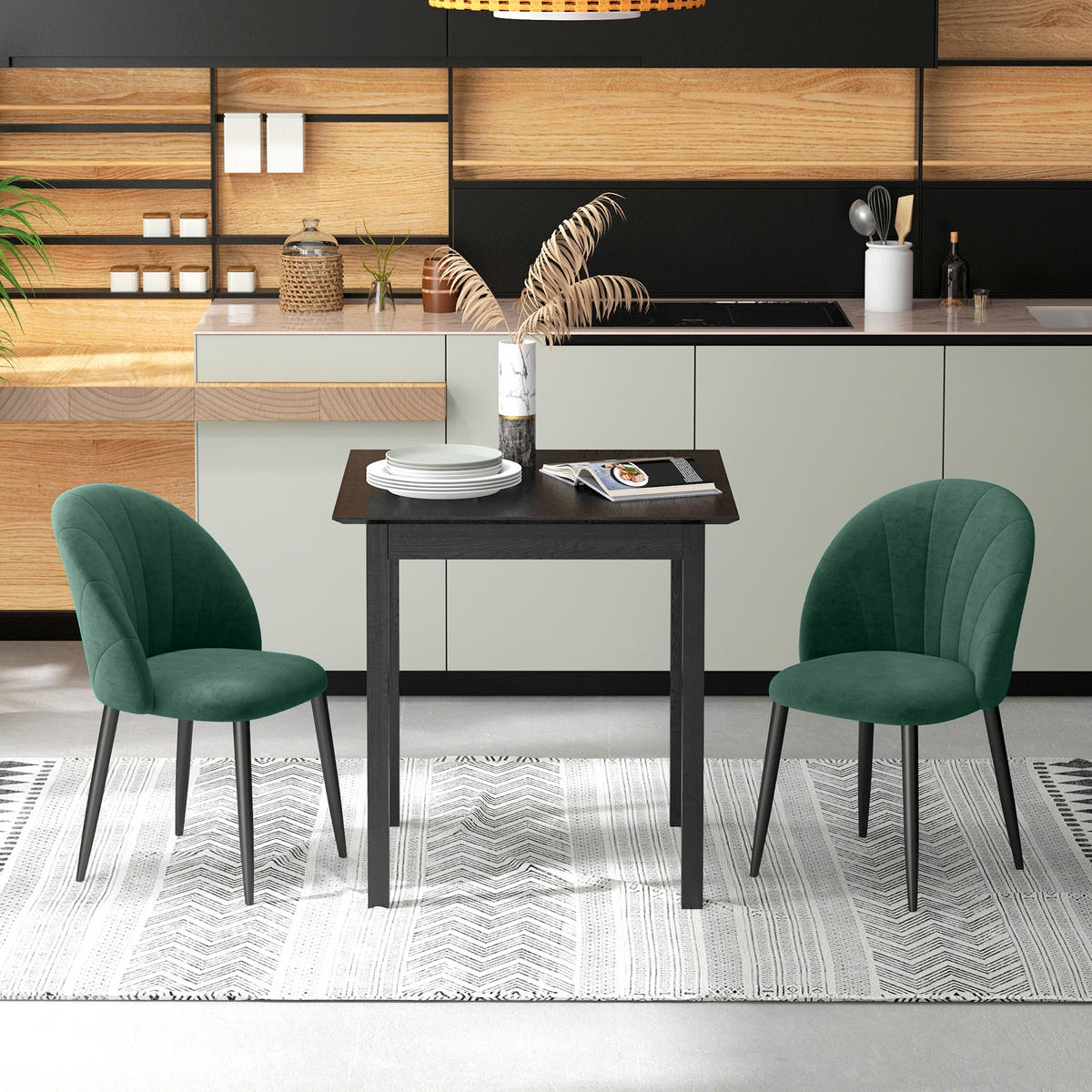 ESSZIMMERSTÜHLE 2er Set Küchenstuhl Bürostuhl mit Rückenlehne Samt Metall Grün - Grün, Textil (52/79/54cm) - HOMCOM