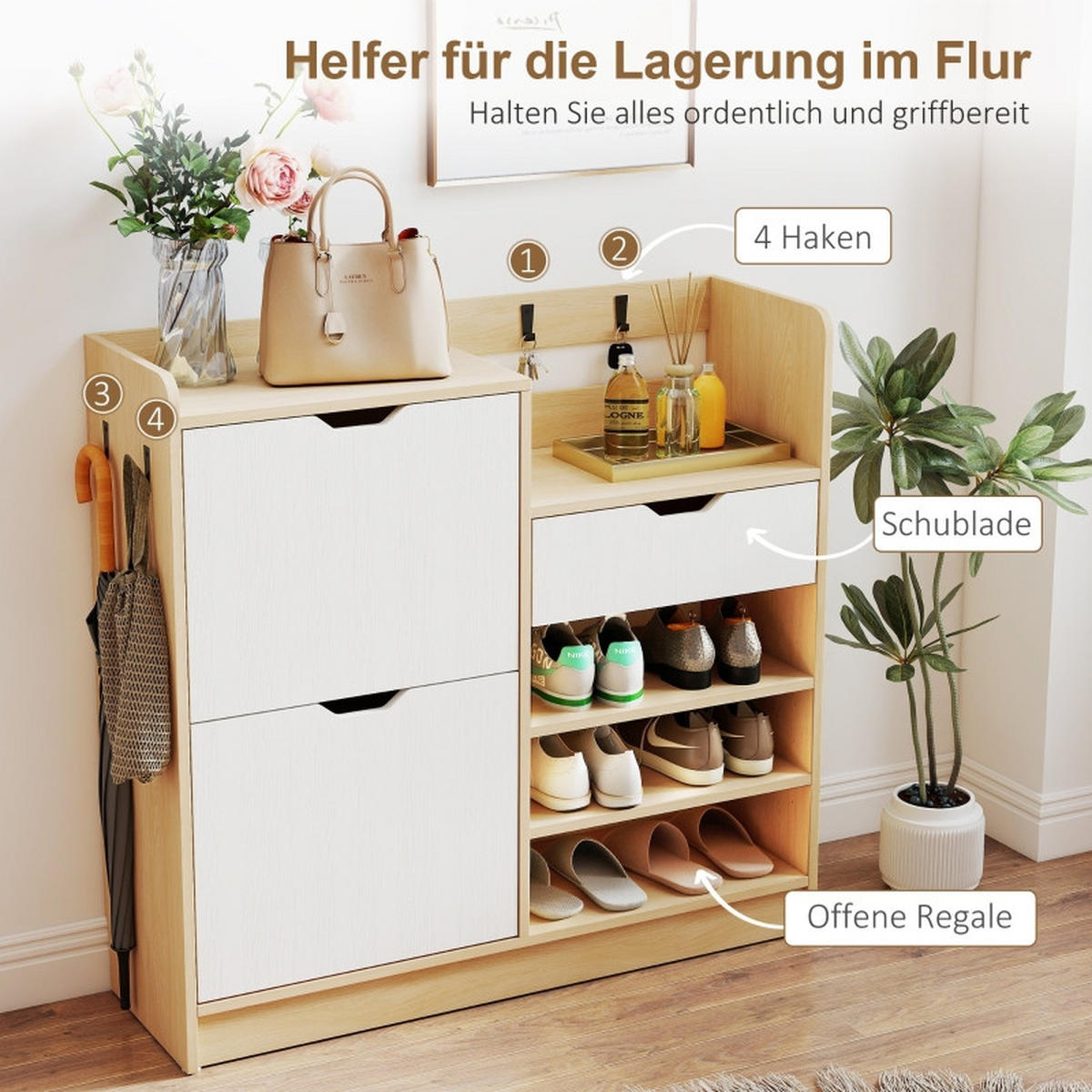 SCHUHSCHRANK aus Holz 93x30x90cm in Natur mit Kippschubladen - Naturfarben, Holz (93/90/30cm) - Modfu