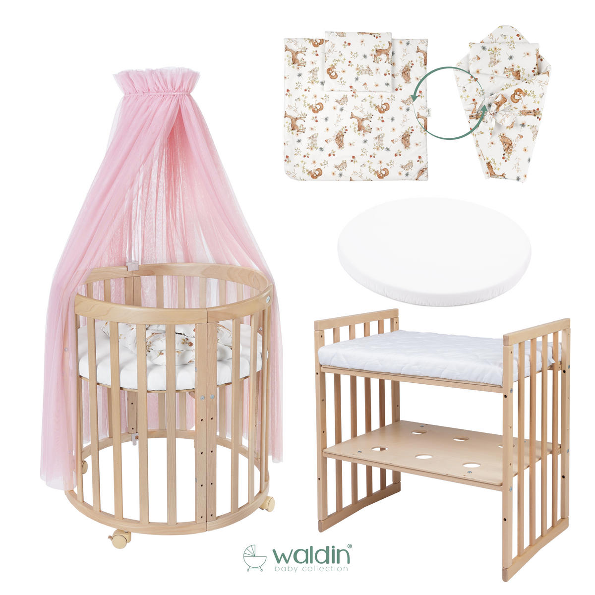 BABYBETT NATUR OVAL 7in1 mit Matratze und Himmelset - Naturfarben/Rosa, Holz/Textil