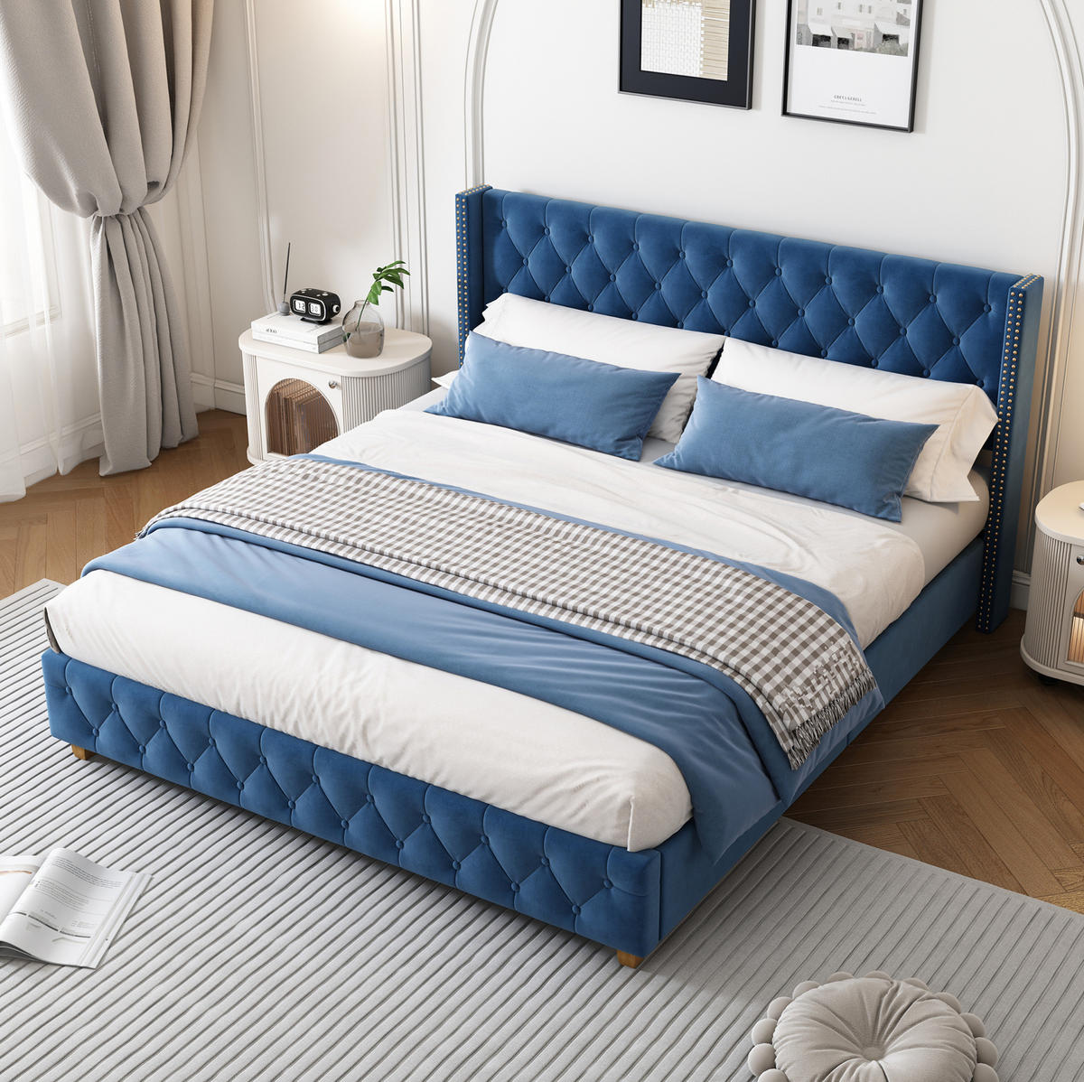 POLSTERBETT aus Samt 160x200 cm Blau mit Knopfheftung, Nietenverzierung und Lattenrost - Blau, Textil (160/200cm) - IVMEU