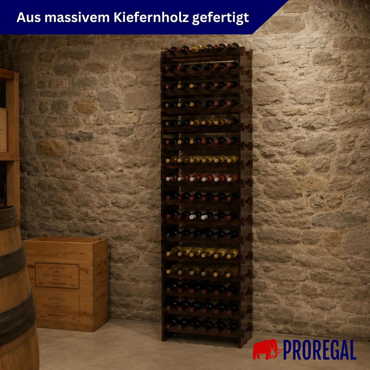 WEINREGAL NAVARRA aus Holz 219x65x28cm 96 Flaschen auf 16 Ebenen Braun geölt - Braun, Holz (65/219/28cm) - PROREGAL
