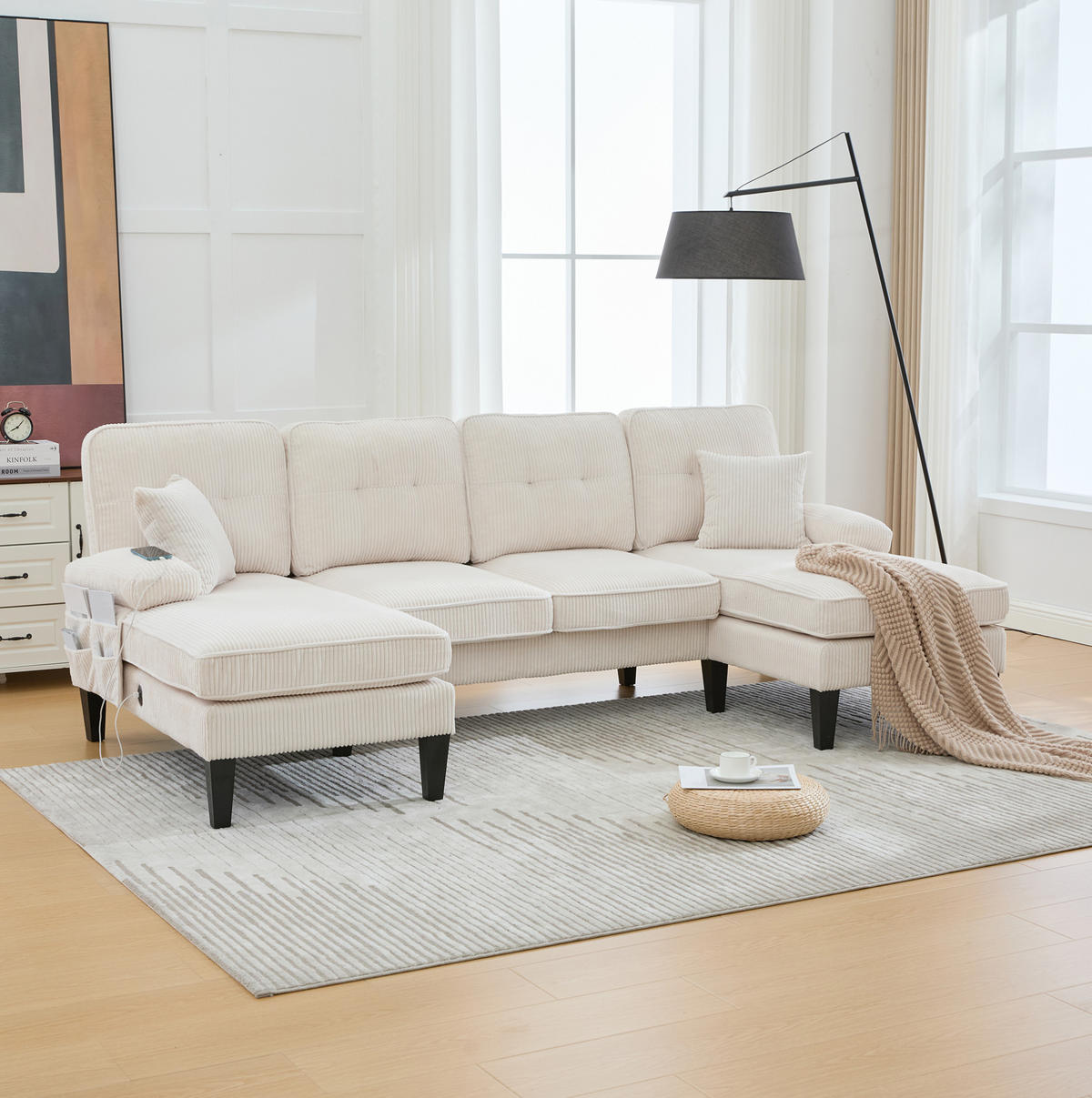 WOHNLANDSCHAFT aus Cord 250x130x88 cm in Beige mit USB/Type-C & Seitentaschen - Beige, Textil (130/88/250cm) - Modfu