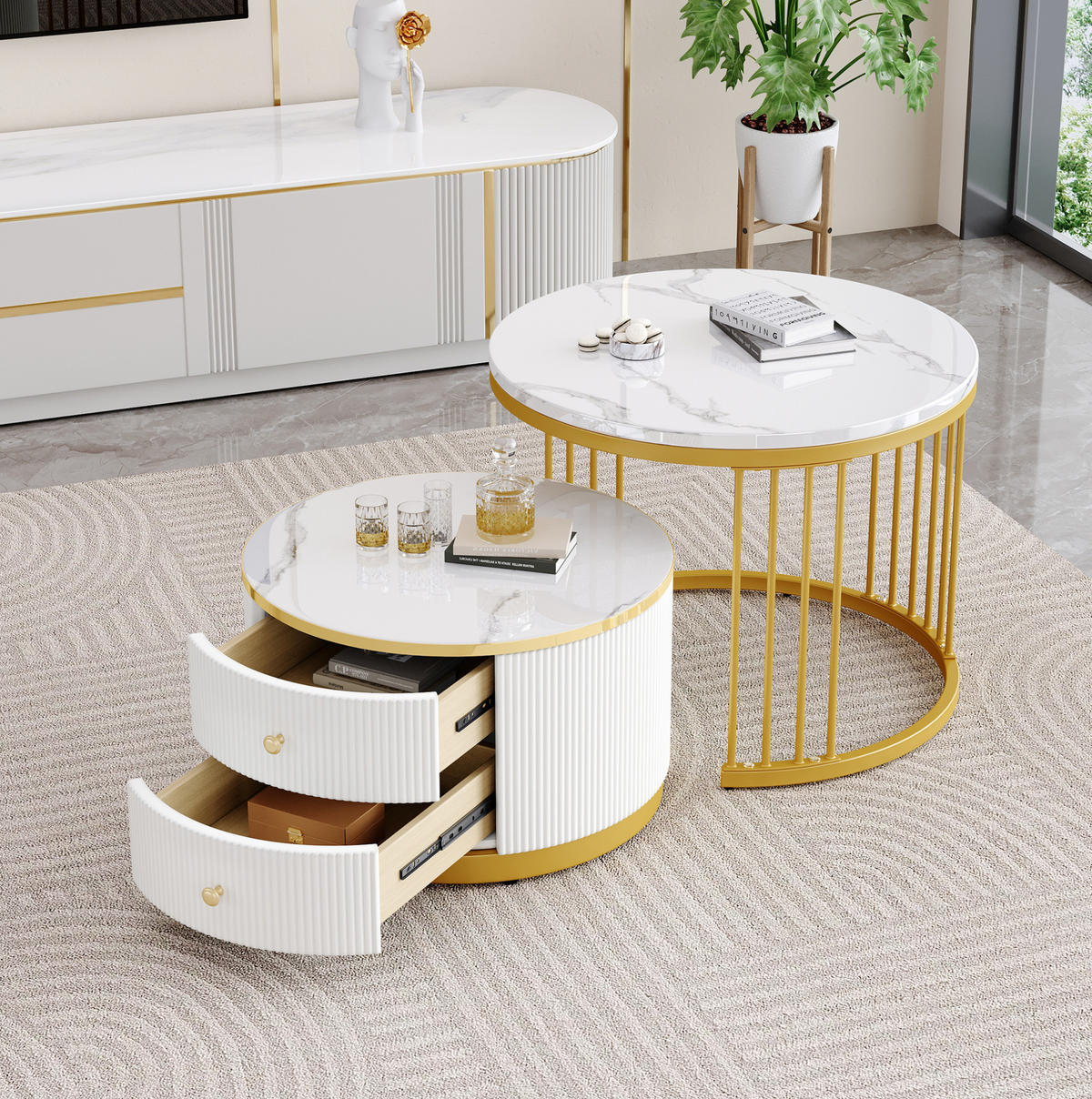 COUCHTISCH 2er-Set rund 60/50 cm Weiß MDF - Weiß, Wellpappe (60/60/45.5cm) - Meubliv