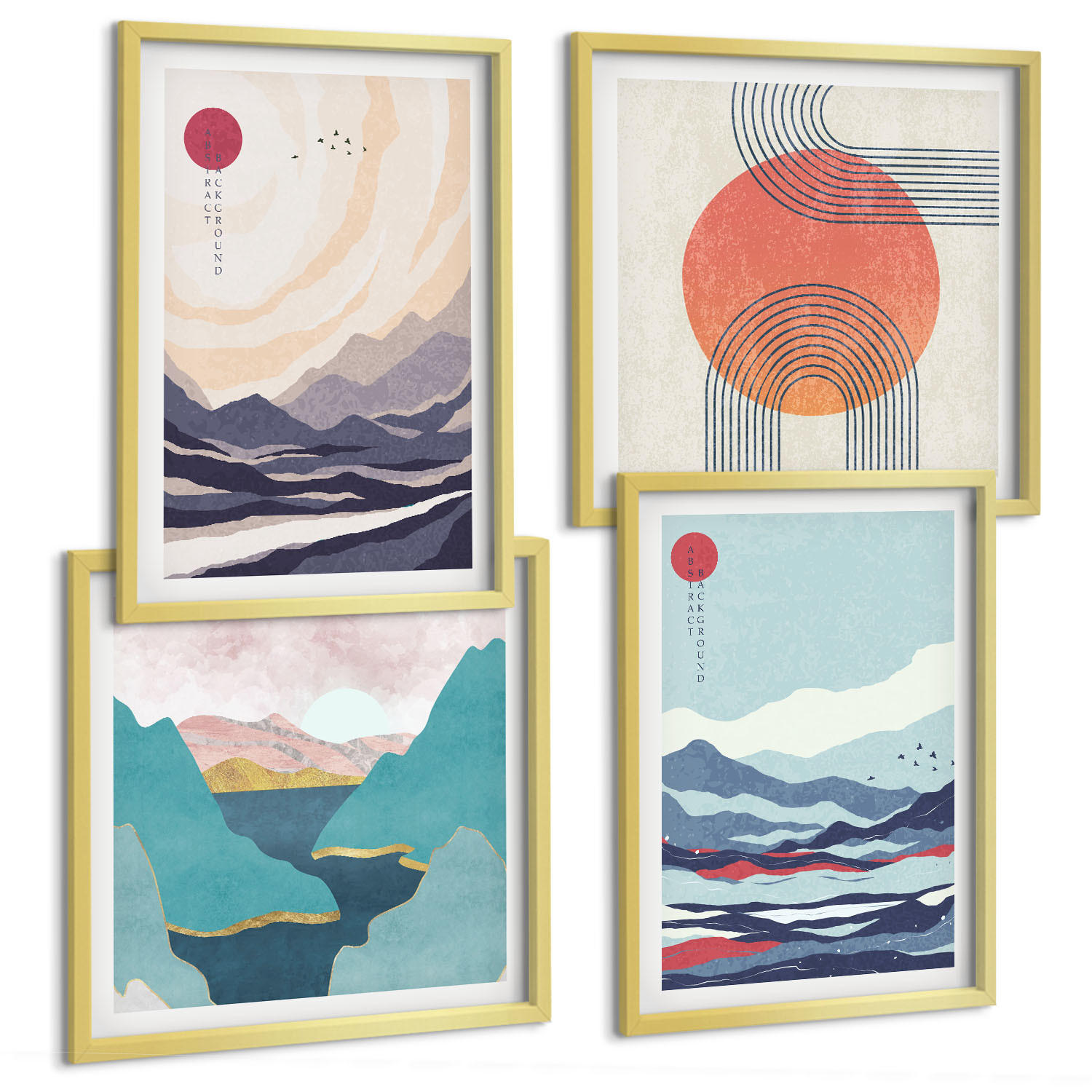 BILDER SET 4er Set - 50x50 cm & 40x60 cm Goldrahmen - Japanische Berglandschaften - Goldfarben, Kunststoff (50/50cm) - TULUP