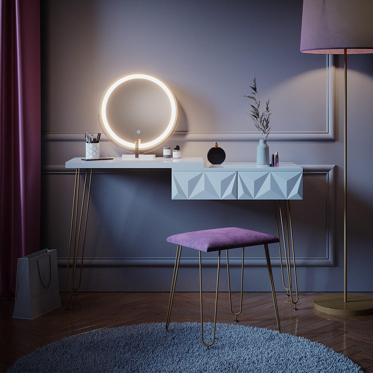 SCHMINKTISCH Bella Weiß 120 cm mit LED Beleuchtung und Hocker - Weiß, Holzwerkstoff (120/76/37cm) - Vicco