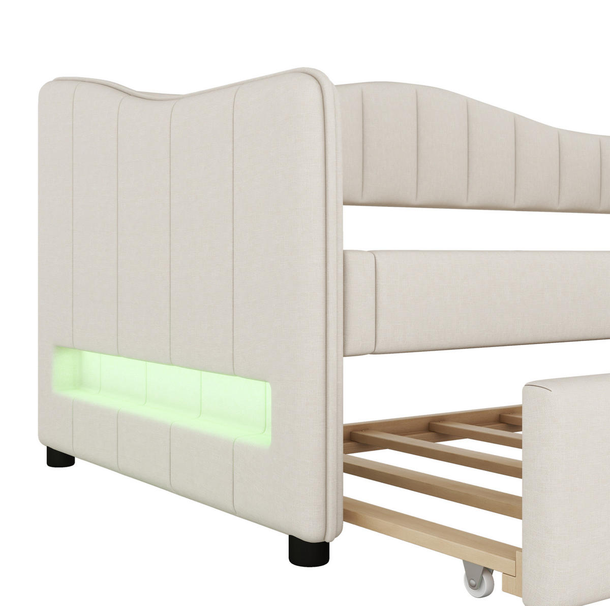 POLSTERBETT 90/200 cm Beige aus Leinen mit ausziehbarem Rollbett - Beige, Textil (90/200cm) - OKMYHOME