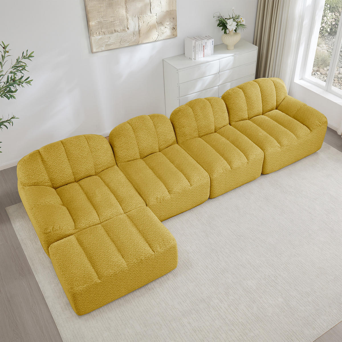 4-SITZER ECKSOFA Granulierter Fleece Gelb mit Ottomane - Gelb, Textil (366/165cm) - WISHDOR