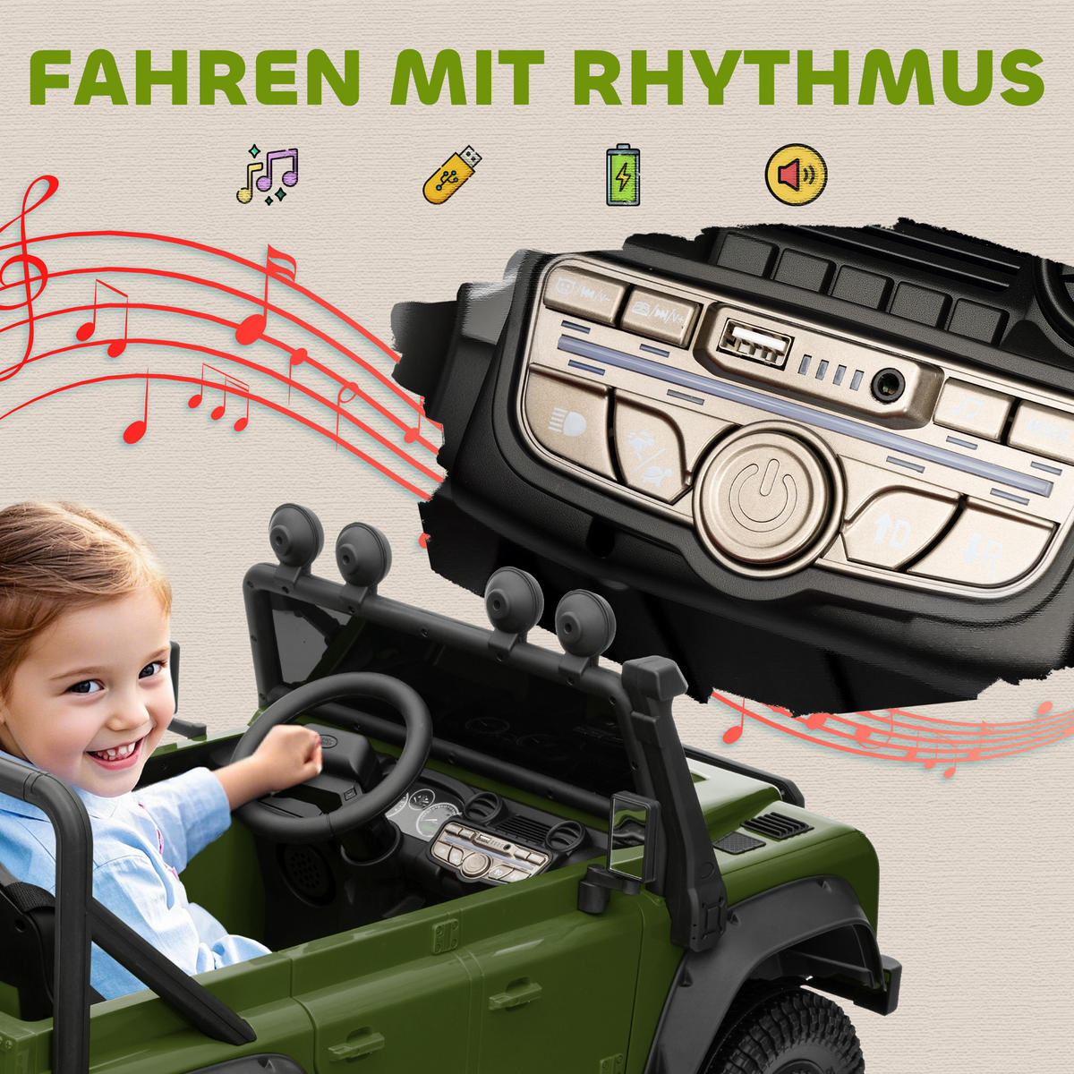 KINDER-ELEKTROAUTO DE-06155 Land Rover lizenziert mit Fernbedienung und LED Grün - Grün, Kunststoff/Metall (115/61/61cm) - ComfortXL