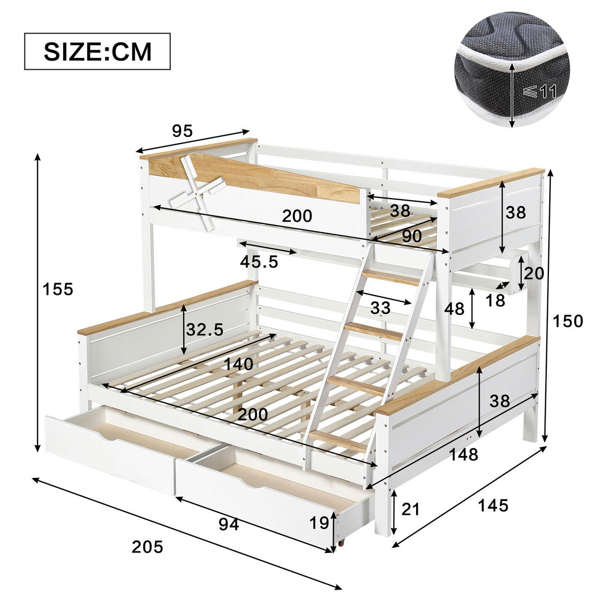 ETAGENBETT 90/200 cm mit Windmühle Weiß+Natur aus Kiefer und MDF mit Regalen und Schubladen - Weiß, Holzwerkstoff (90/200cm) - OKWISH