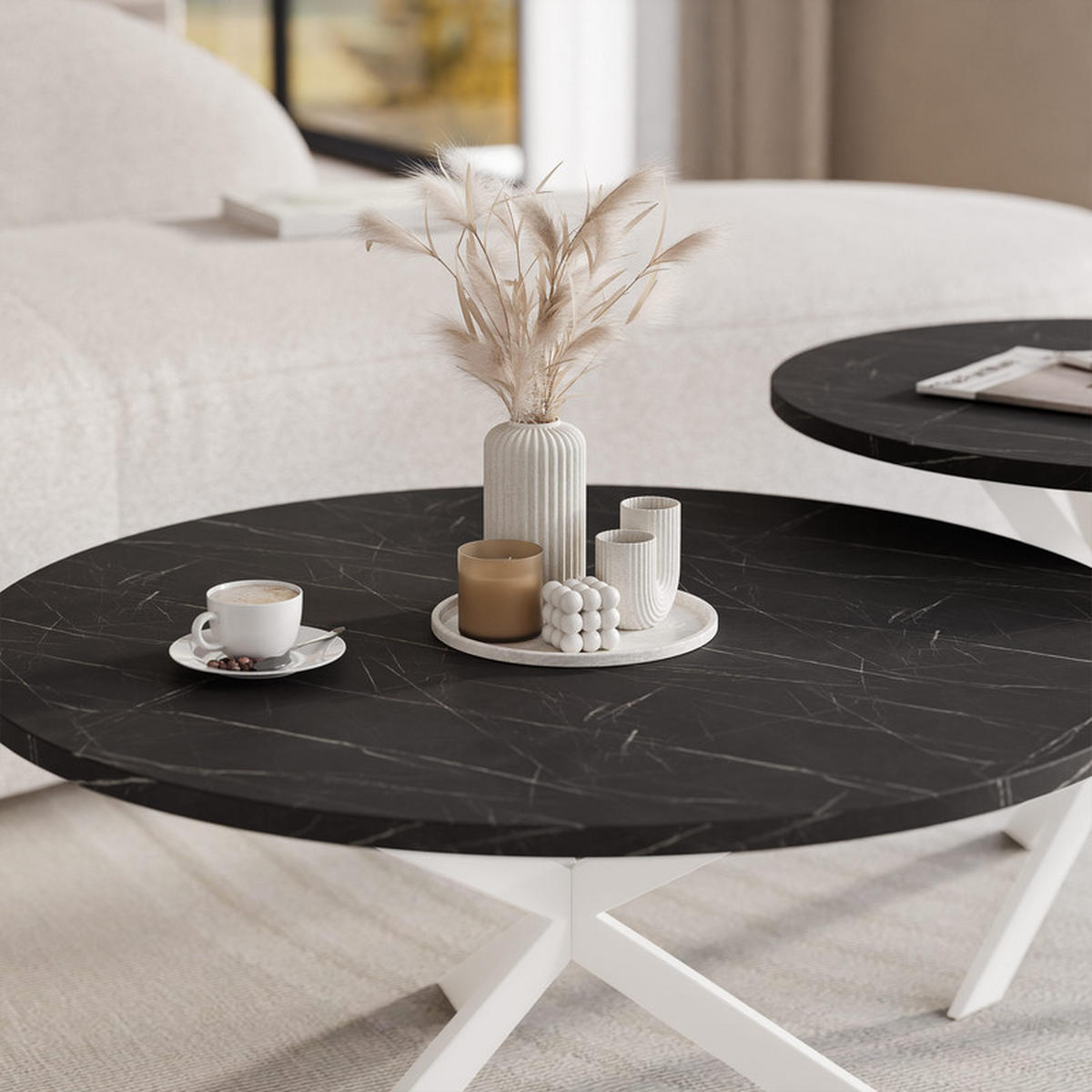KONFERENČNÍ STOLEK LIBERO kulatý z MDF, bílý / Grigia Pietra - bílá/černá, kov/kompozitní dřevo (75/75/36cm) - Idohome