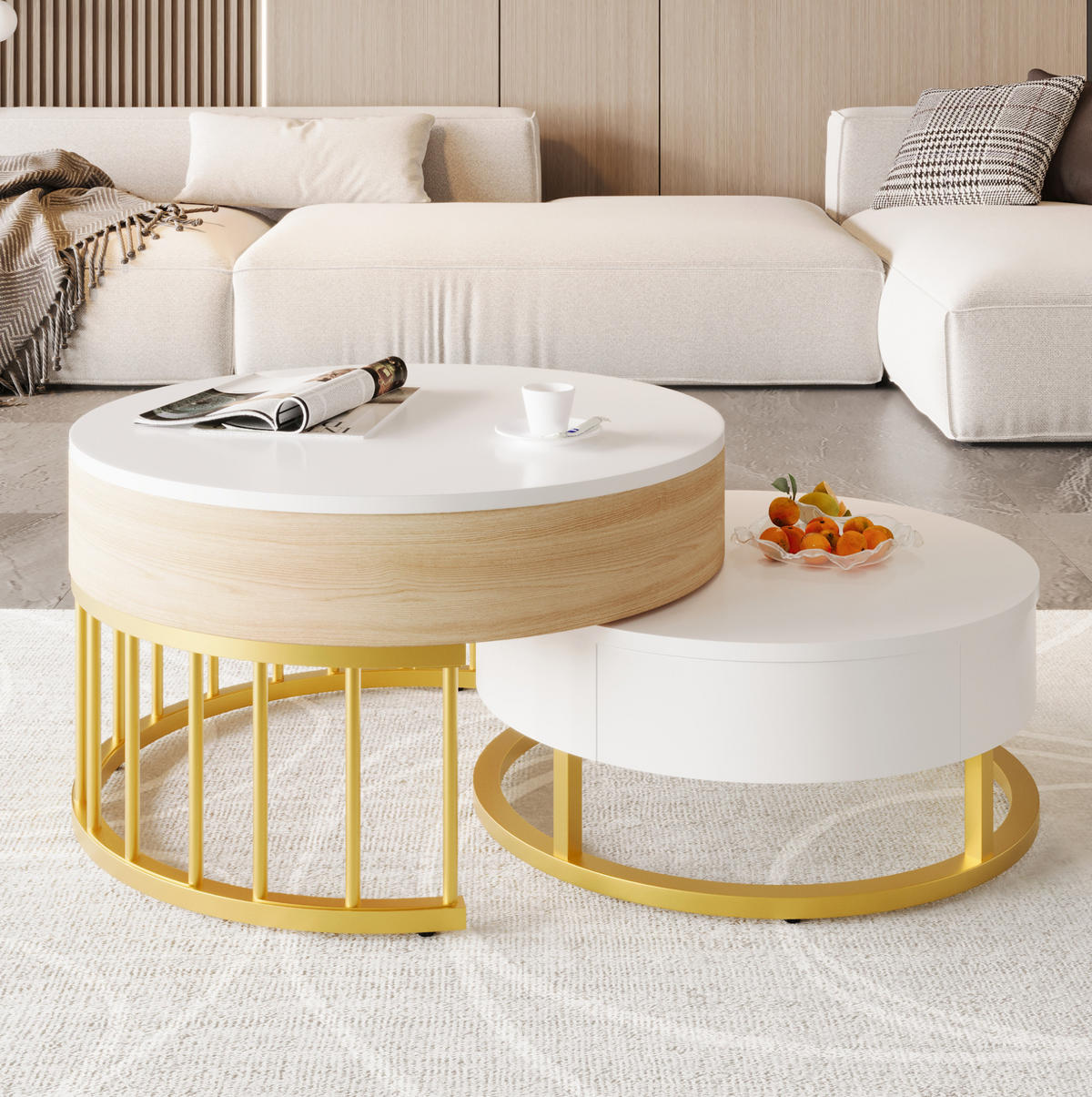 COUCHTISCH-KOMBINATION 70/70/56 + 60/60/27 cm in Weiß und Gold aus MDF mit Schublade - Weiß, Holzwerkstoff (70/70/56cm) - OKMYHOME