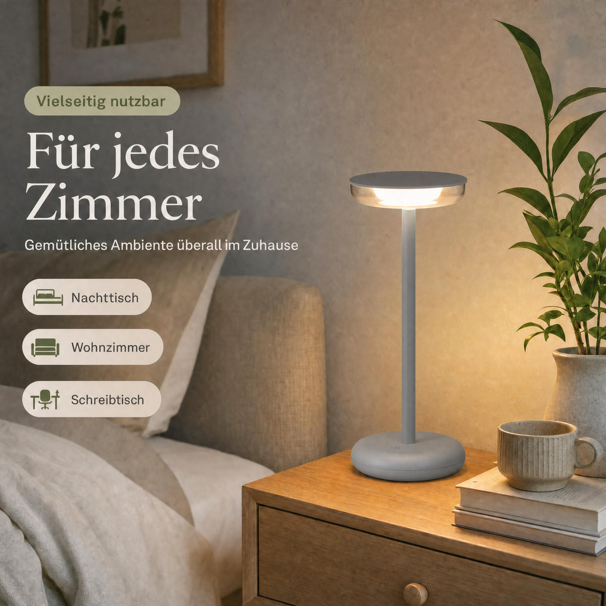 LED-TISCHLAMPE Grau Dimmbar Akku 1800mAh 180lm warmweiß Touch USB-C Nachttischleuchte Höhe 27,4 cm - Grau, Kunststoff (11/11/27.4cm) - Northpoint