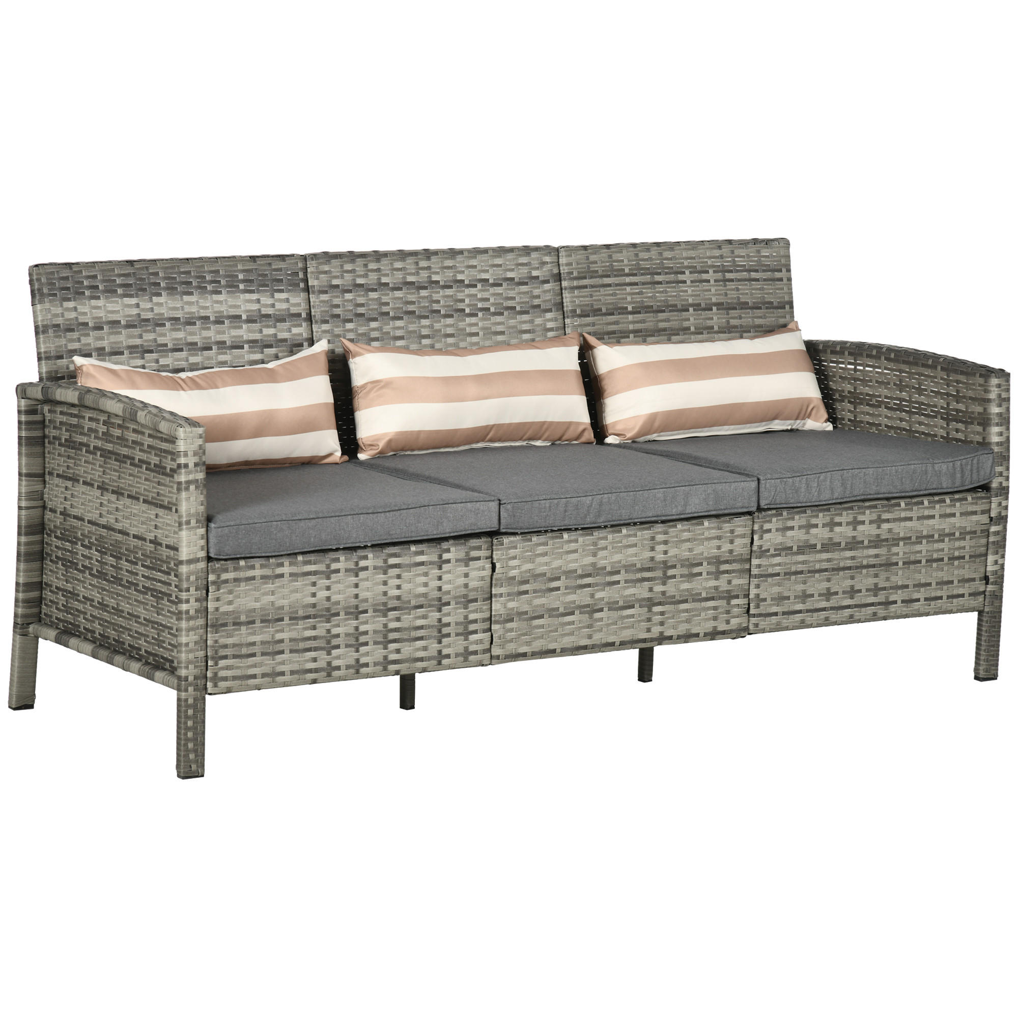 RATTAN Sofa mit Kissen, Dreisitzer, Garten Loungesofa, Stahl, Grau - Grau, Metall (68/78/173cm) - Outsunny