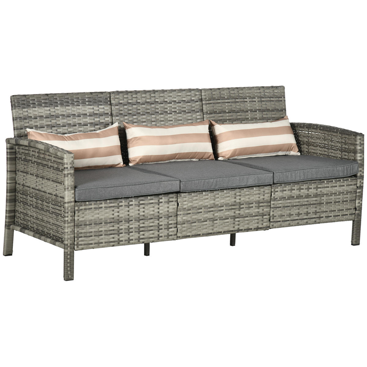 RATTAN Sofa mit Kissen, Dreisitzer, Garten Loungesofa, Stahl, Grau - Grau, Metall (68/78/173cm) - Outsunny