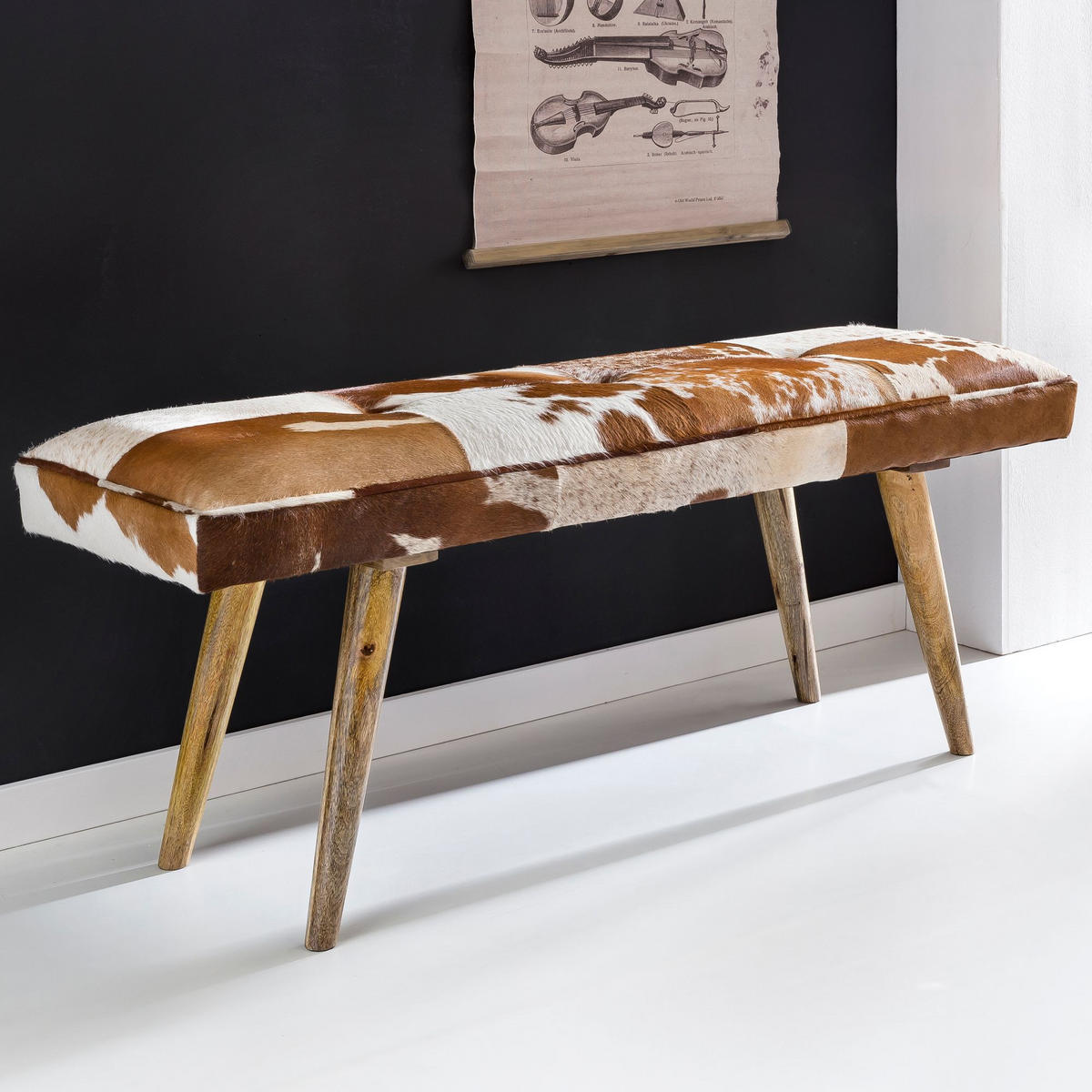 SITZBANK – Ziegenfell/Leder, Landhausstil, Mango Holz, 220 kg Belastbarkeit - Braun, Mangoholz/Leder (120/52/40cm) - KADIMA DESIGN