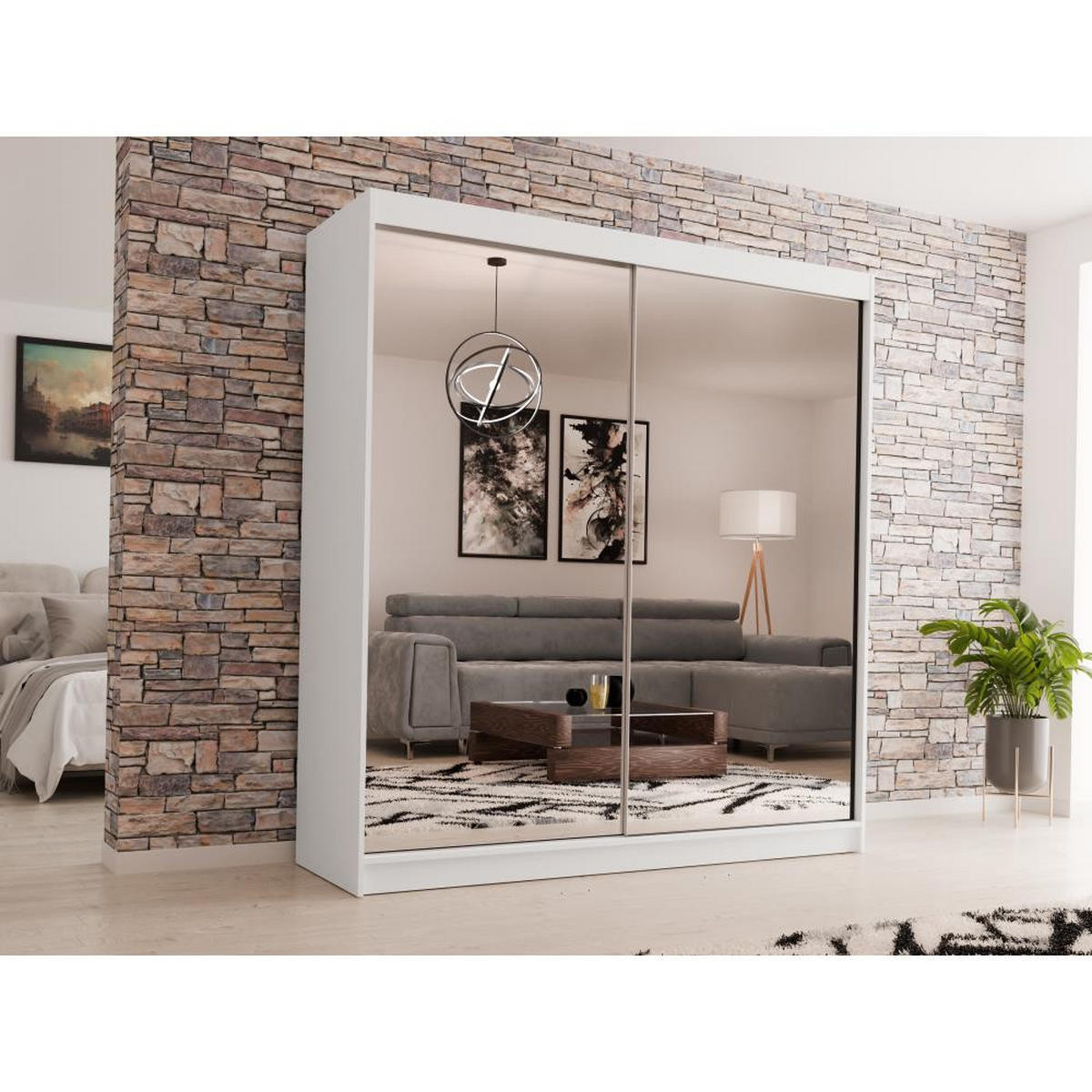 SCHWEBETÜRENSCHRANK Debra 200/216/61 weiß mit Spiegel - Weiß, Holzwerkstoff (200/216/61cm) - Beautysofa