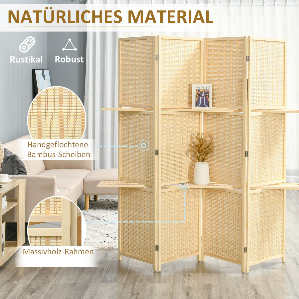 PARAVENT 4-teilig 180 x 180 cm mit Ablage Natur - Naturfarben, Holz (1.9/180/180cm) - HOMCOM