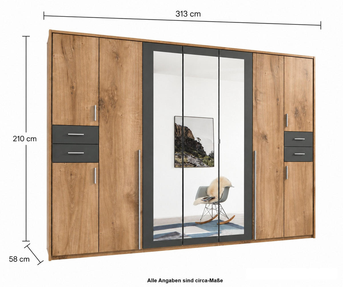 DREHTÜRENSCHRANK Kleiderschrank B313/H210/T58 cm mit Schubkästen & Passepartout & 3 Spiegeltüren, Eiche Dekor mit Absetzungen in Grafit / 22582 - Eichefarben/Silberfarben, Holzwerkstoff/Kunststoff (313/210/58cm) - luma-home