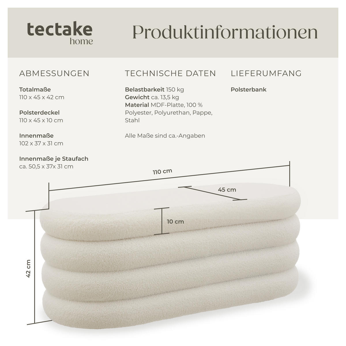 POLSTERBANK Altu,110 x 45 x 42 cm,Bouclé creme-weiß - Creme/Weiß, Holz (110/42/45cm) - tectake