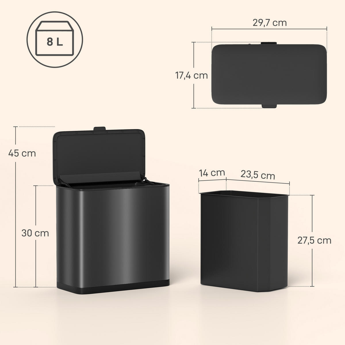 MÜLLEIMER 8L HÄNGEND ODER FREISTEHEND mit Deckel Edelstahl Schwarz für Küche und Bad 29,7/17,4/30 cm - Schwarz, Metall (17.4/30/29.7cm) - Rolipo
