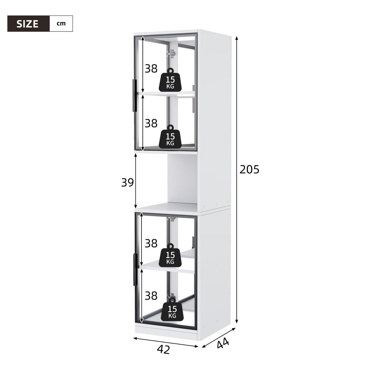 VITRINE 42/44/205 cm aus Spanplatte und Glas mit mehrfarbiger LED-Beleuchtung Weiß - Weiß, Holzwerkstoff (42/205/44cm) - Modenvie