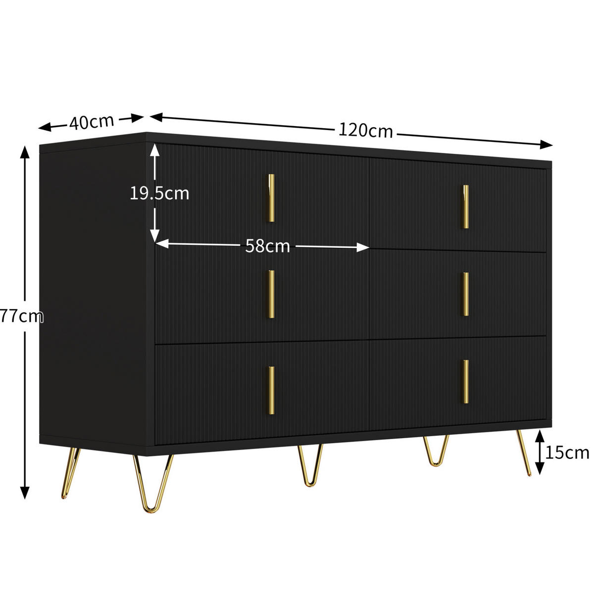 KOMMODE 120/77/40 cm Schwarz und Gold aus Spanplatte mit 6 Schubladen - Schwarz, Holzwerkstoff (40/77/120cm) - OKMYHOME