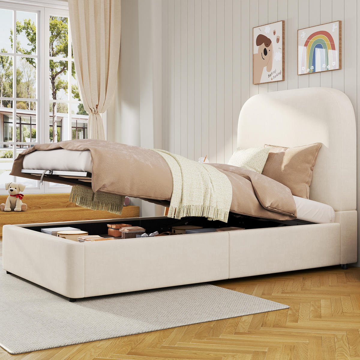 KINDERBETT Beige Samt 90x190 Hydraulik Stauraum Lattenrost - Beige, Textil (90/190cm) - FLIEKS