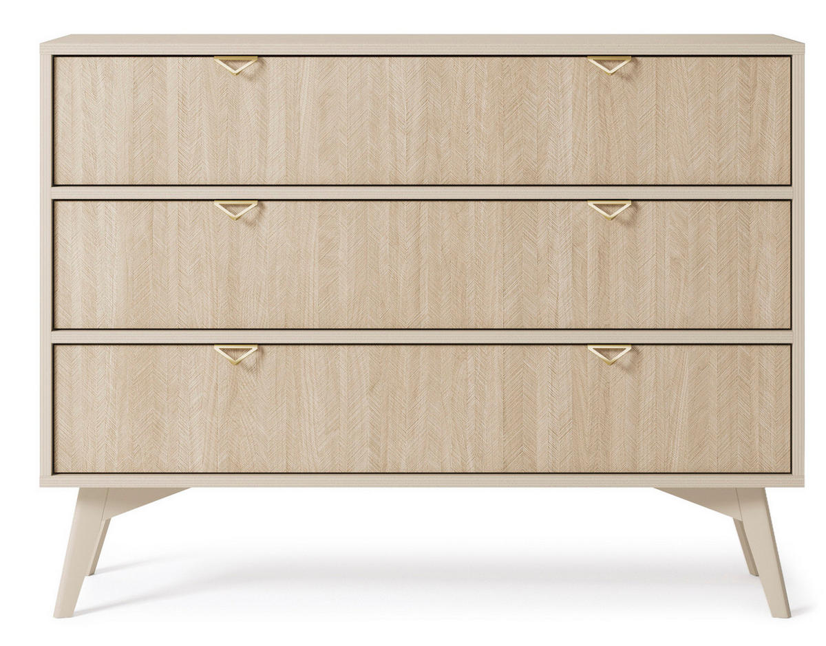 KOMMODE Silva 106 cm in Sandbeige + Scandi-Fischgrätmuster mit Schubladen - Beige/Goldfarben, Holz/Holzwerkstoff (106/81/38cm) - Ravio