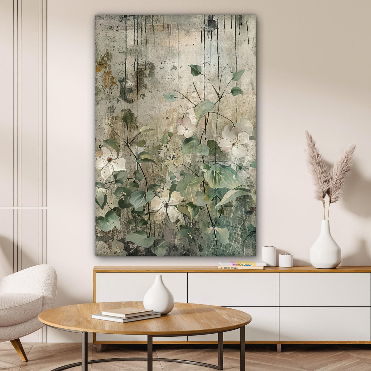 LEINWANDBILD - Blumen - Blätter - Abstrakt - Modern - 80x120 - Wanddeko - Grau, Textil (80/120cm) - MuchoWow