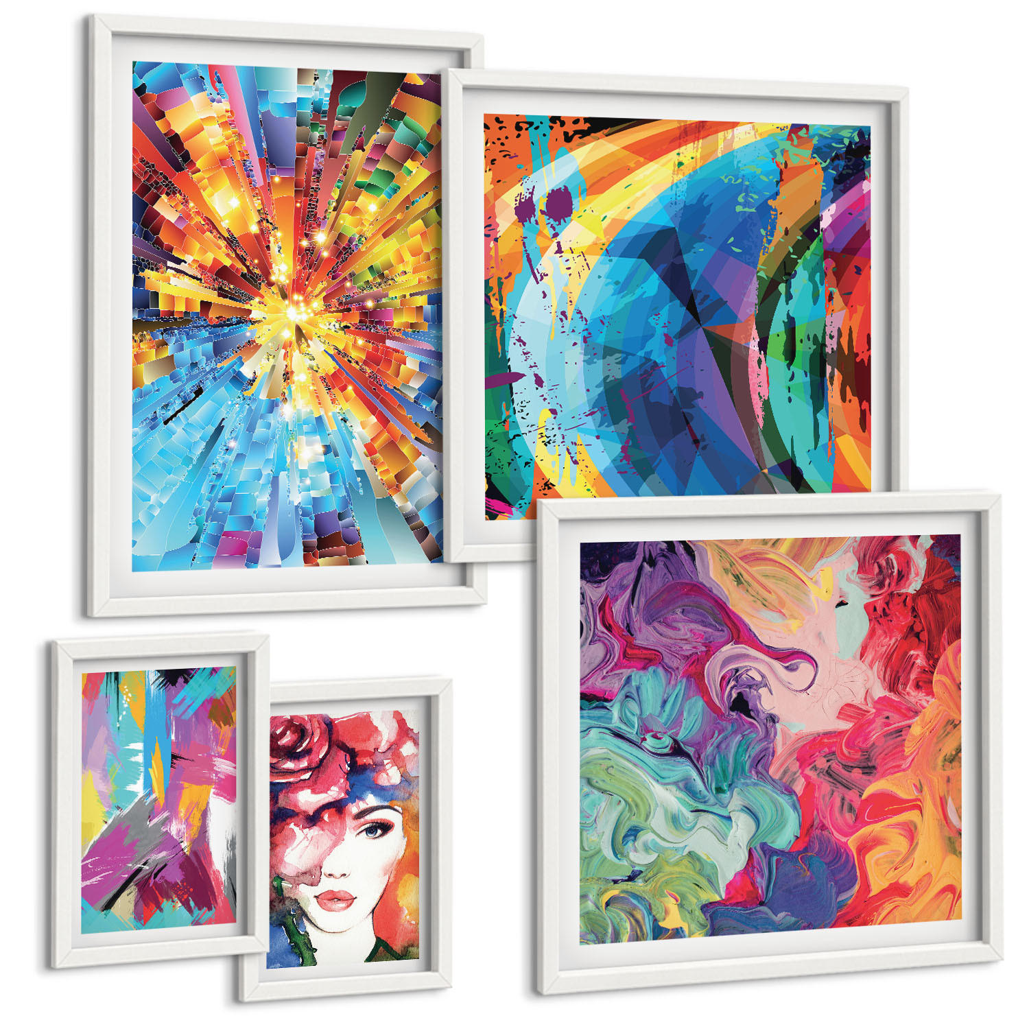 BILDER SET 5er Set - 50x50 cm & 20x30 cm & 40x60 cm Weißer Rahmen - Minimalistische Boho-Illustrationen - Weiß, Kunststoff (40/60cm) - TULUP