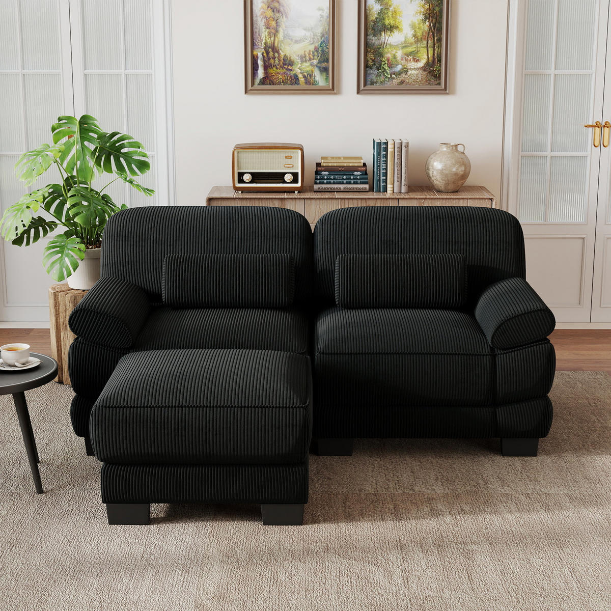 ECKSOFA 2-Sitzer L-Form mit Hocker, DE-42659, Schwarz - Schwarz, Holz (194/161cm) - ComfortXL