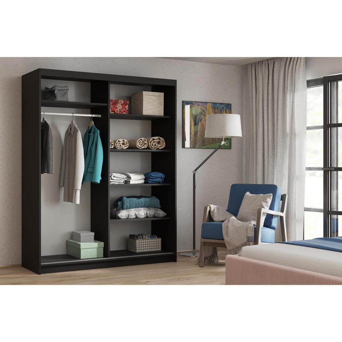 SCHWEBETÜRENSCHRANK Donatello 100/205/60 2-türig schwarz mit Spiegel - Schwarz/Eiche Artisan, Holzwerkstoff (100/205/60cm) - Beautysofa