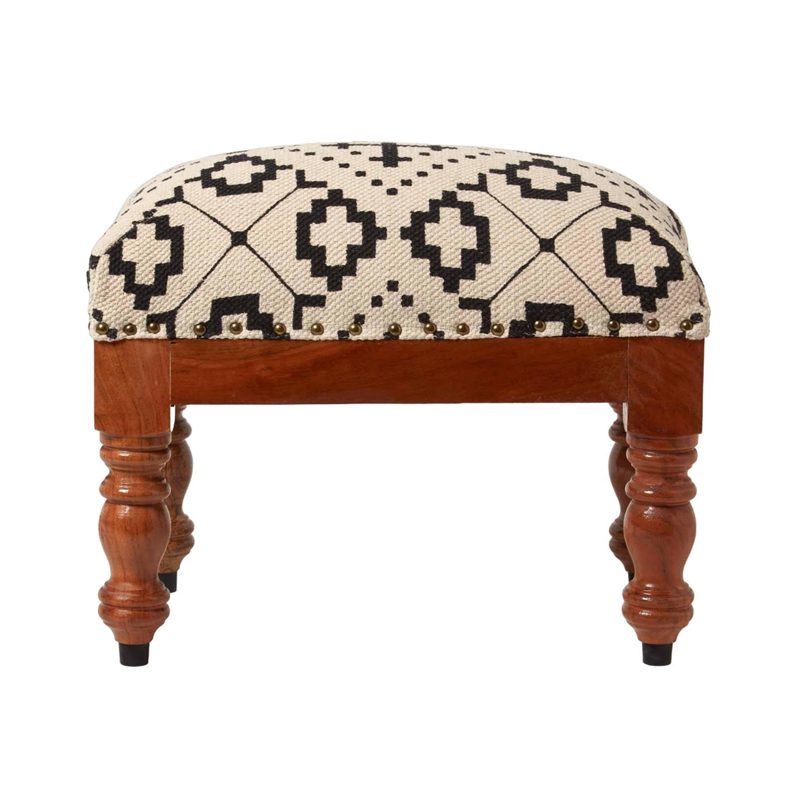 HOCKER Reva mit Holzbeinen, schwarz-creme gemustert, 50/40/30 cm - Schwarz, Textil (30/40/50cm) - Homescapes