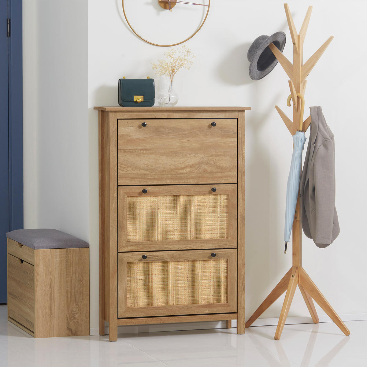 SCHUHSCHRANK DE-14986 3 Klapptüren mit Rattan-Optik Naturholz - Naturfarben, Holzwerkstoff (80/121.5/23.5cm) - ComfortXL