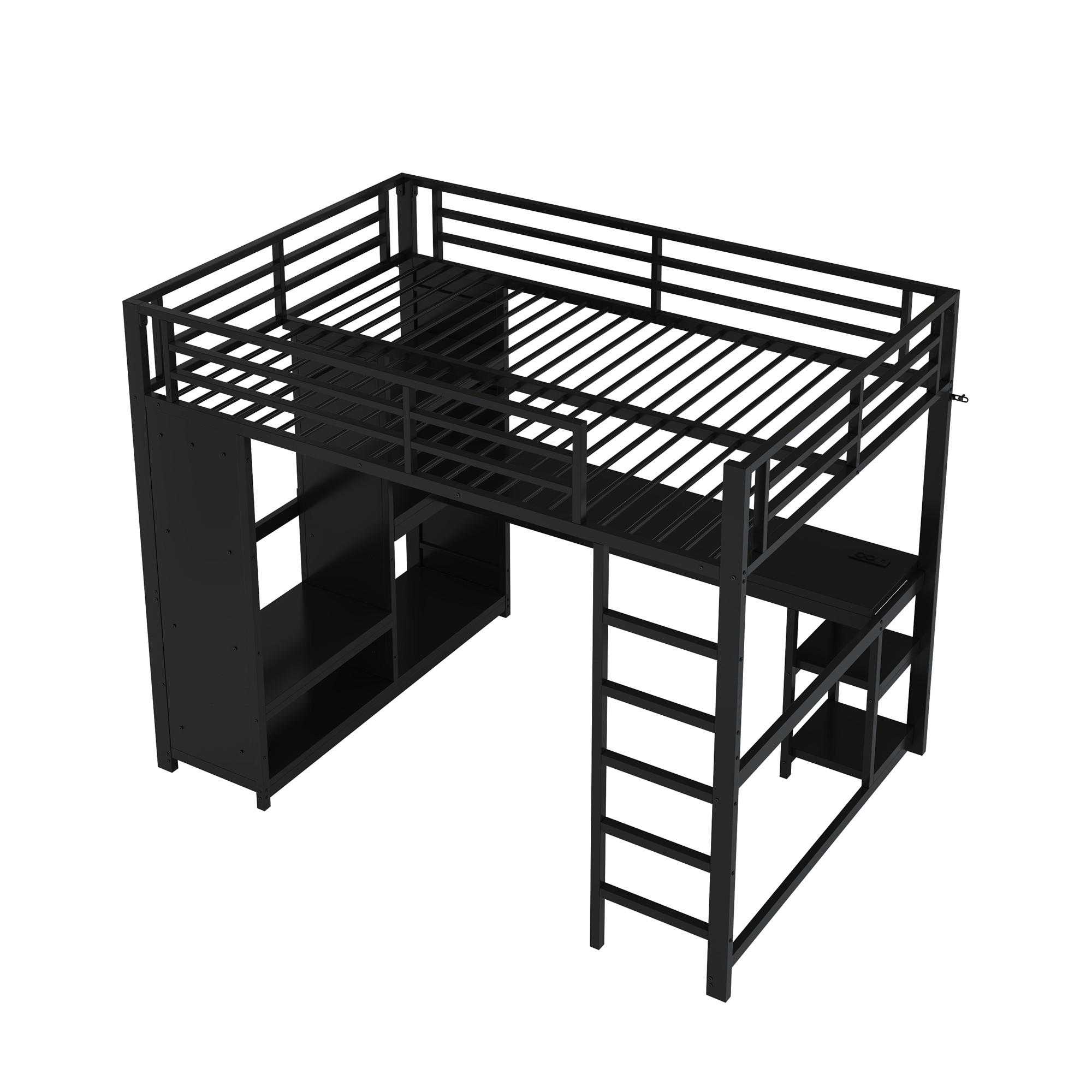 HOCHBETT 140/200 cm DE-03407, mit LED, Schreibtisch und offenem Kleiderschrank, in Schwarz - Schwarz, Metall (140/200cm) - ComfortXL