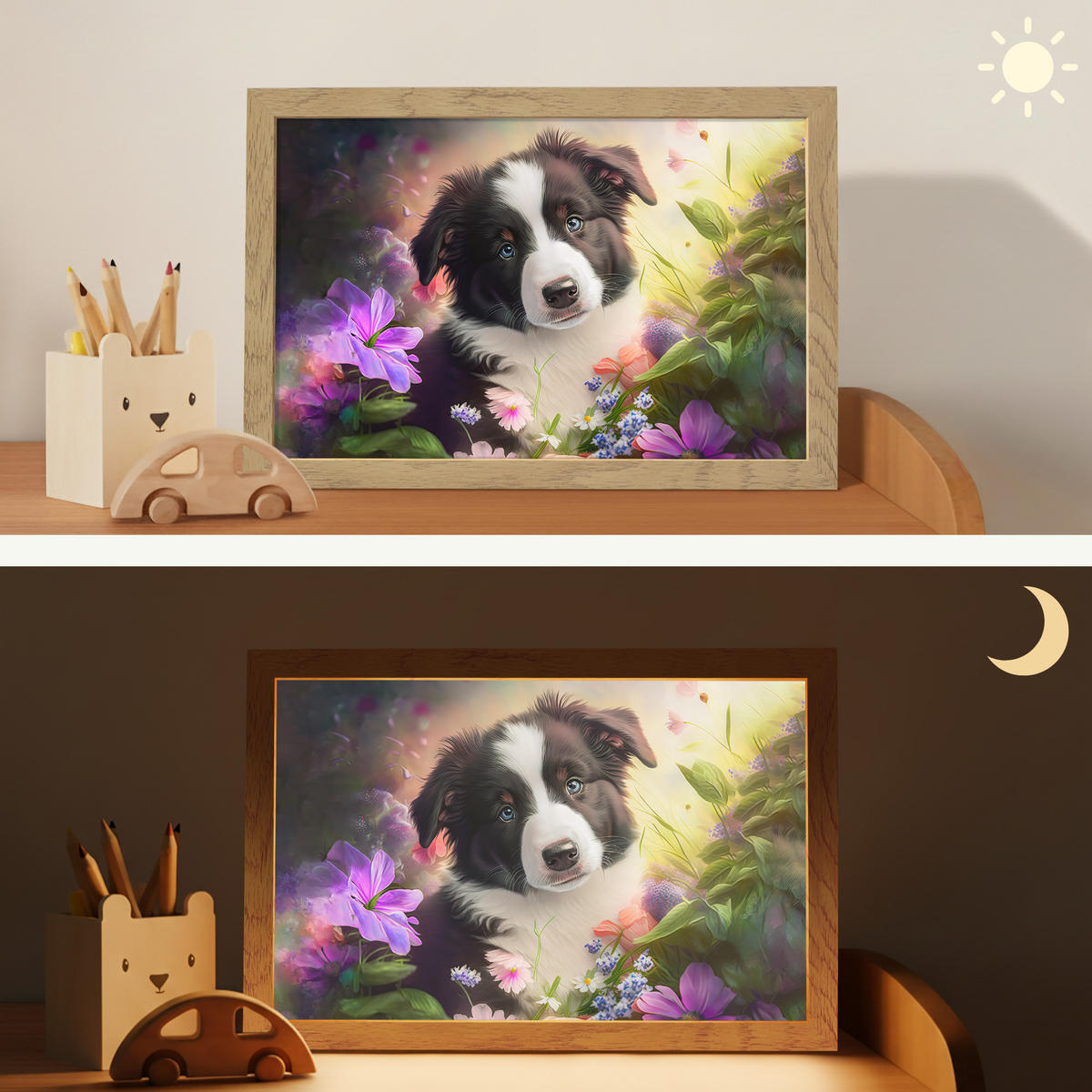 NACHTTISCHLAMPE Welpe - Sonne - Blumen - Natur - Border Collie - Hund 30x20 cm - Violett, Holzwerkstoff (8/30/20cm)