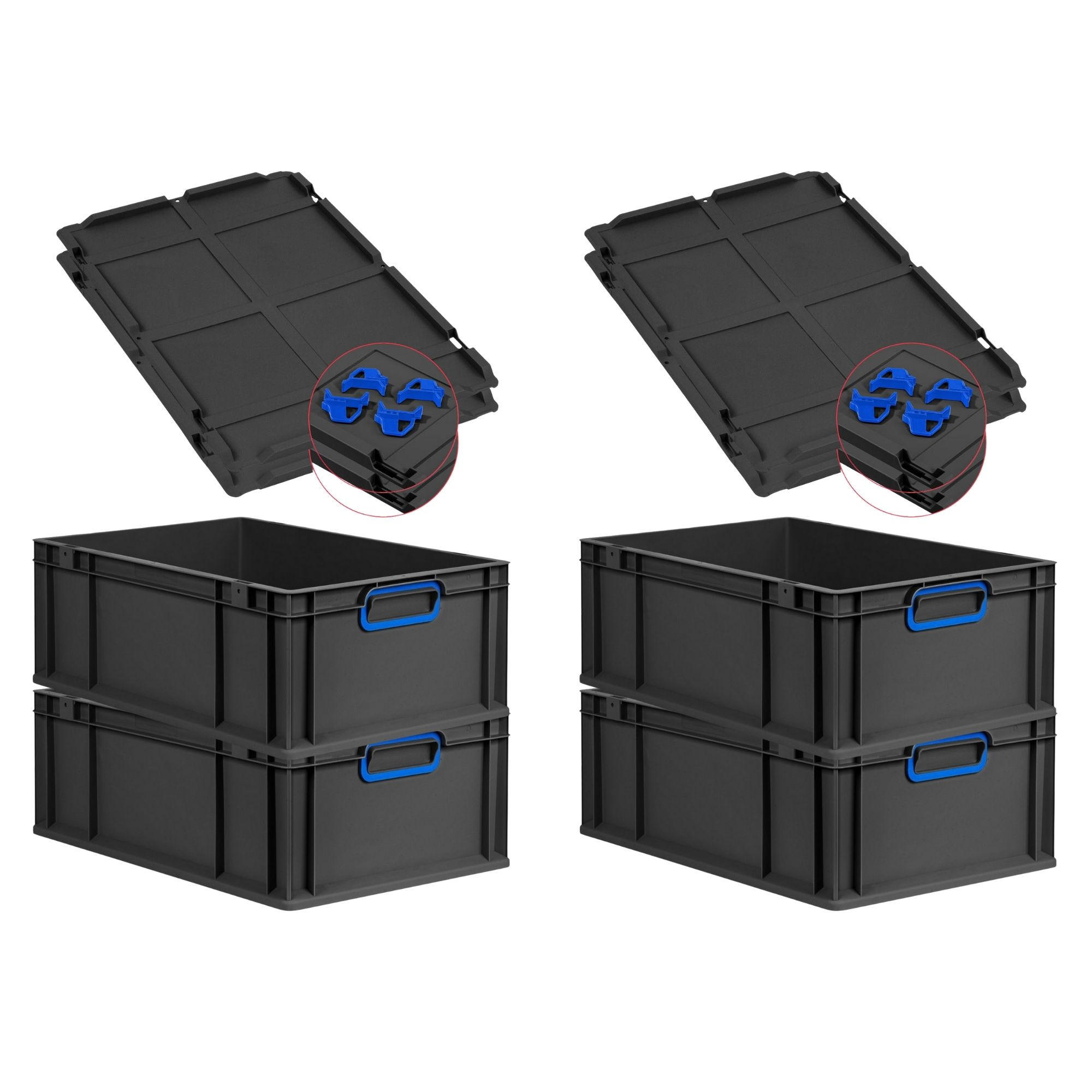 EUROBOX 4x NextGen Color mit Auflagedeckel 22x40x60 cm 44 Liter Schwarz Griffe blau zu - Blau/Schwarz, Kunststoff (40/22/60cm) - PROREGAL