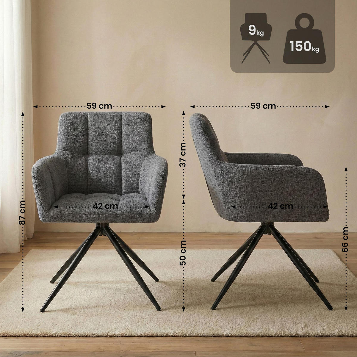 ARMLEHNENSTUHL Stoff Dunkelgrau - Dunkelgrau/Schwarz, Textil/Metall (59/87/59cm) - CLP