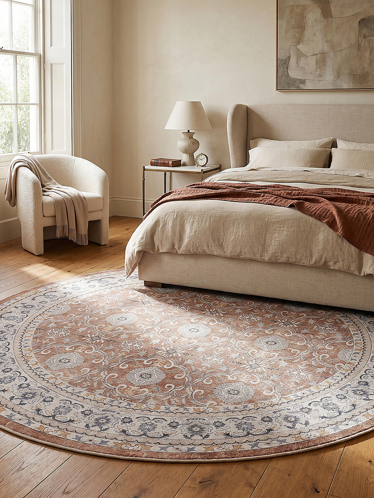TEPPICH Kurzflor, waschbar, mit floralen Ornamenten, VERNANTE in Terrakotta-Creme, Ø 120 cm - Rot, Textil (120/120cm) - KADIMA DESIGN