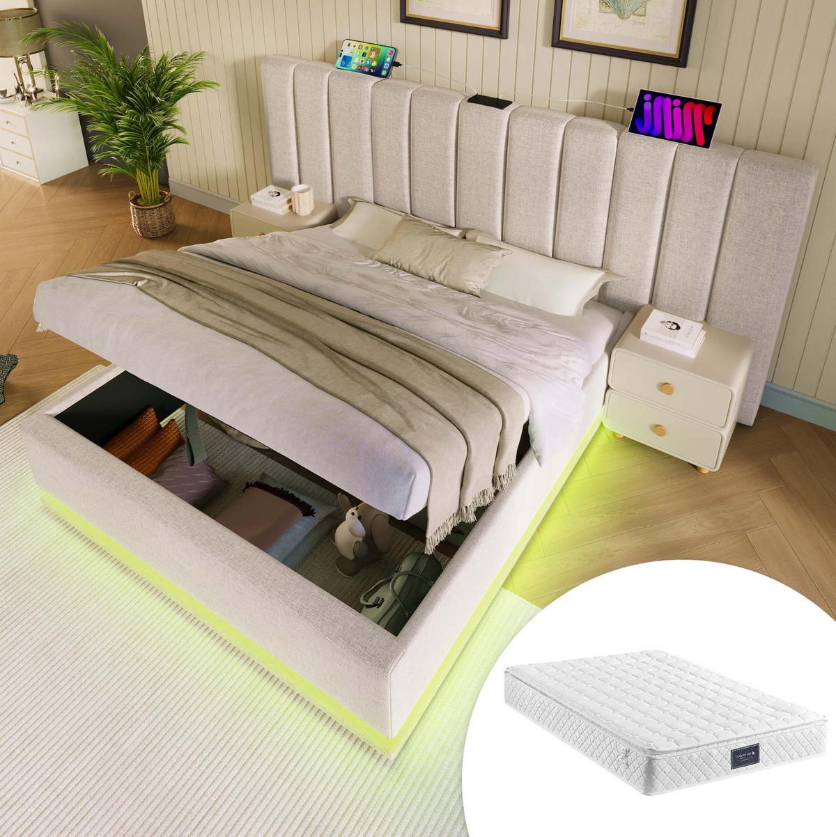 POLSTERBETT 160/200 cm mit LED-Beleuchtung, USB-C und hydraulischem Stauraum, Leinenoptik, und Matratze,Beige - Beige, Textil (160/200cm) - Redom