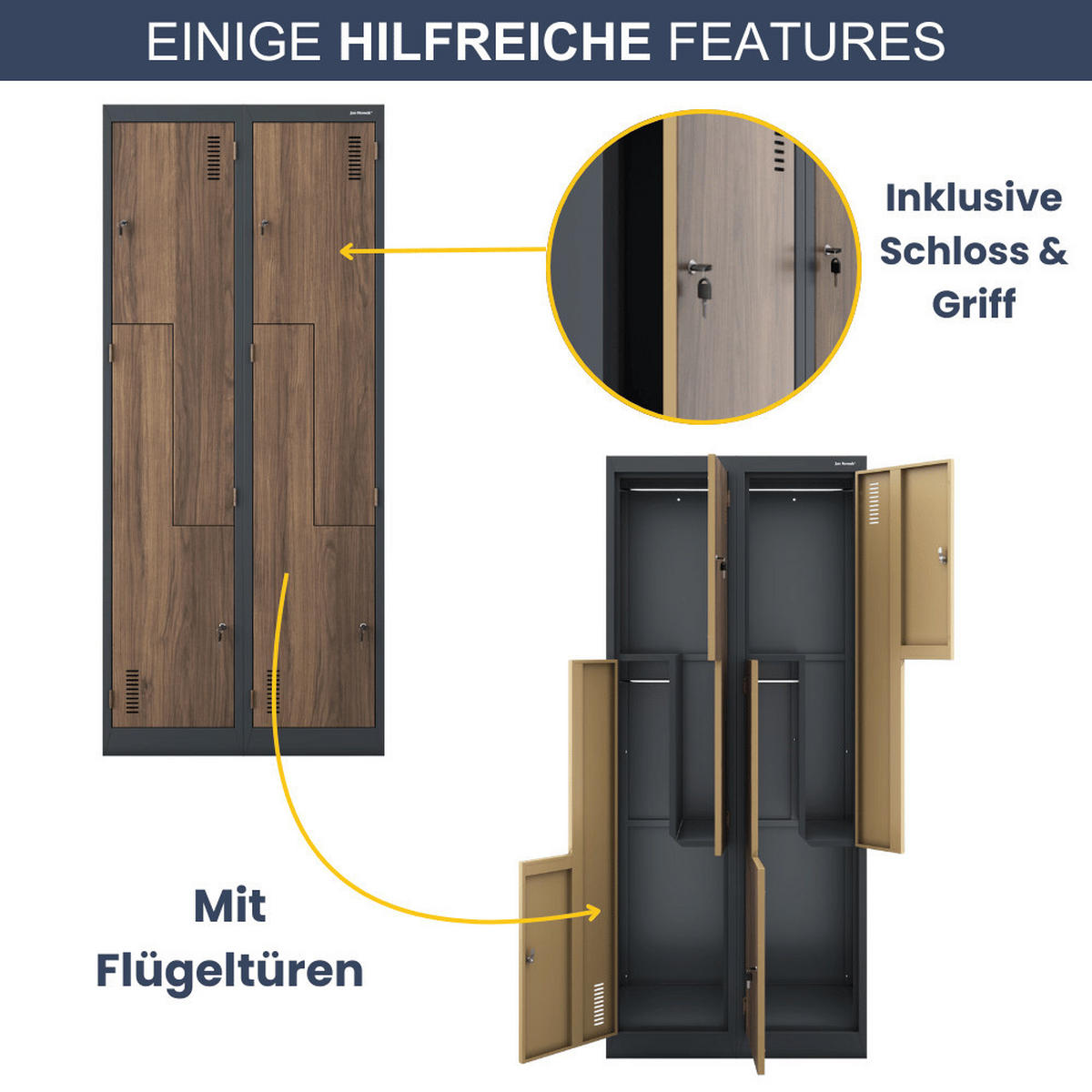 UMKLEIDESCHRANK Spind OSLO 4 Abteile 185x80x45cm Anthrazit-Nussbaum - Anthrazit, Metall (80/185/45cm) - DELUKE