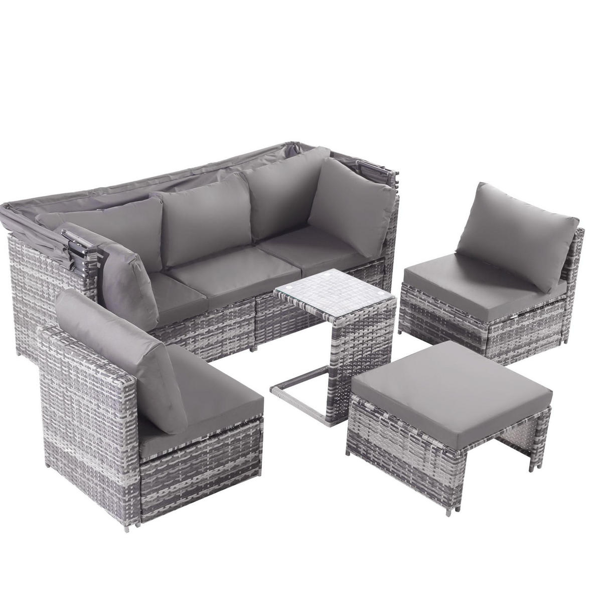 GARTENLOUNGE 194/70/157 cm grau aus Rattan mit Sonnendach - Grau, Kunststoff - OKWISH