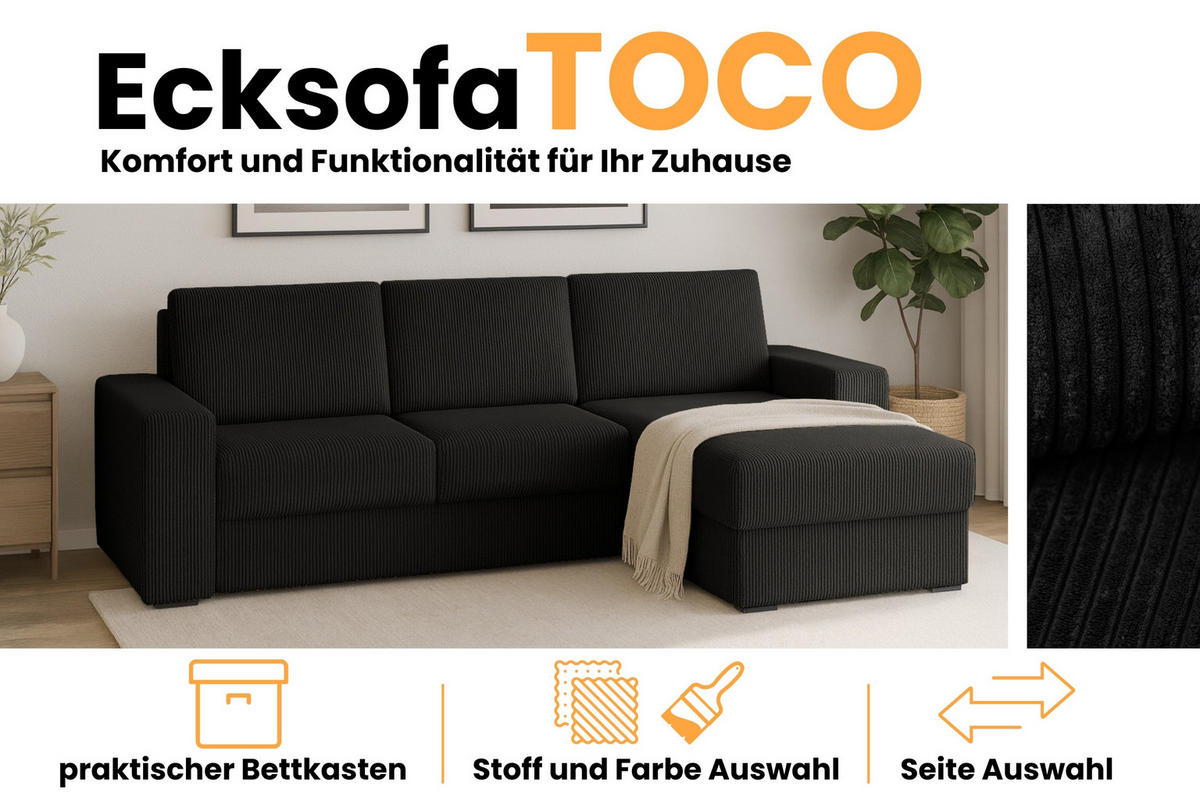 ECKSOFA TOCO L 240x145 cm in Cord Schwarz rechts - Schwarz, Holz/Holzwerkstoff (240/145cm) - Deine Möbel 24