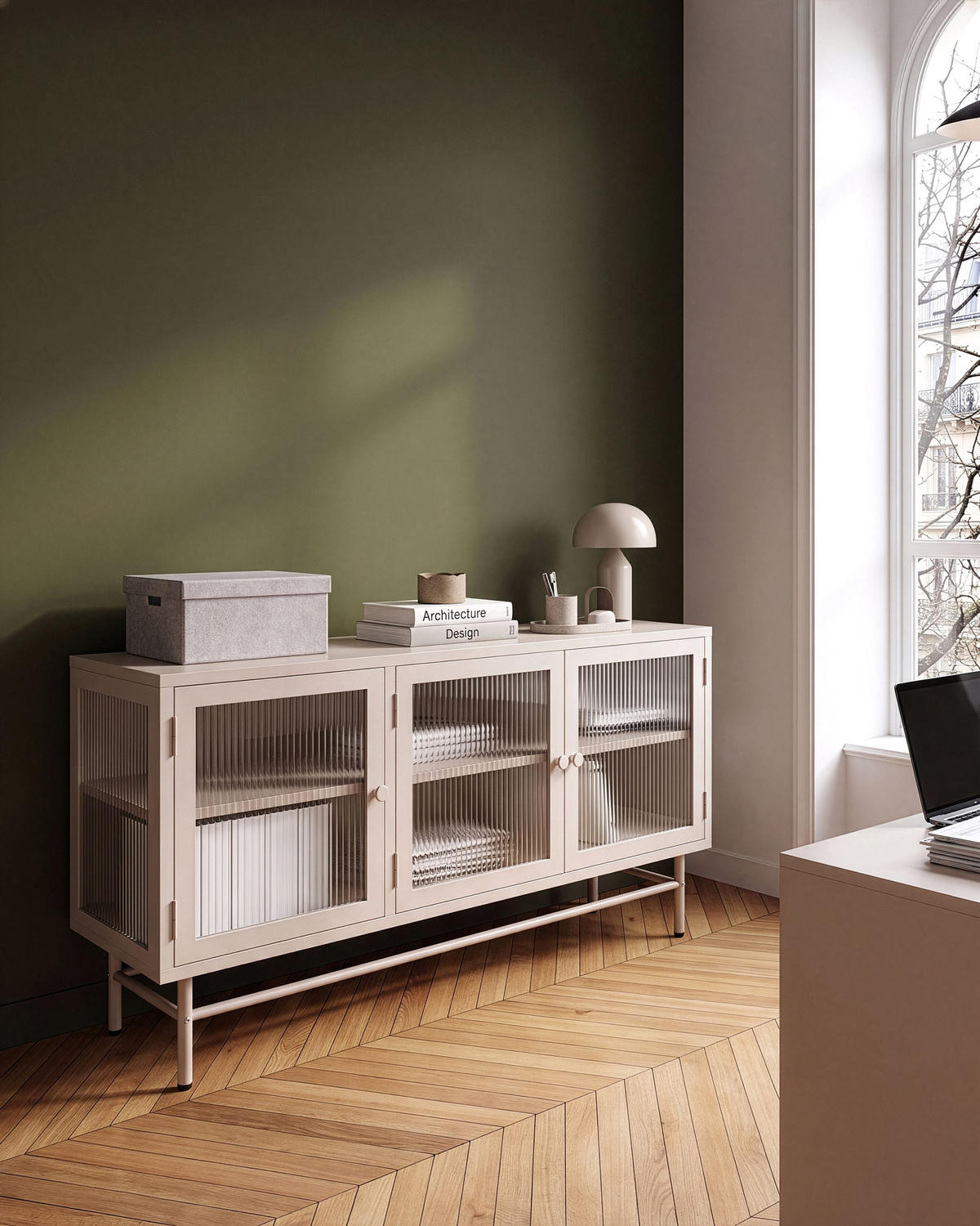 SIDEBOARD mit Glastüren Metall 115 cm Beige Devon - Beige, Metall (115/64/35cm) - Beliani