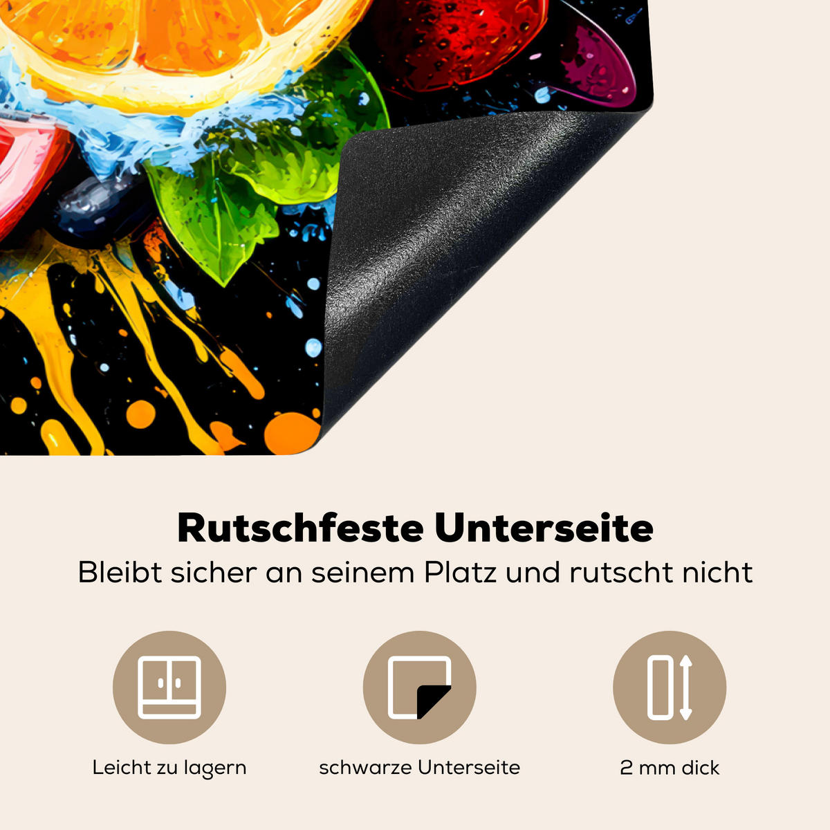 HERDABDECKPLATTE Obst - Graffiti - Bunt - Orange - Erdbeere - Abstrakt Abdeckung Ceranfeld 81.2x52 cm - Orange, Kunststoff (81.2/52/0.2cm) - MuchoWow