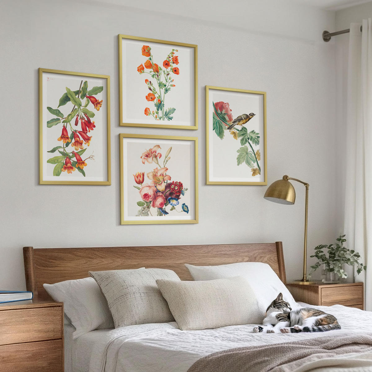 BILDER SET 4er Set - 50x50 cm & 40x60 cm Goldrahmen - Gemalte Blumen, Retro-Vogel - Goldfarben, Kunststoff (50/50cm) - TULUP