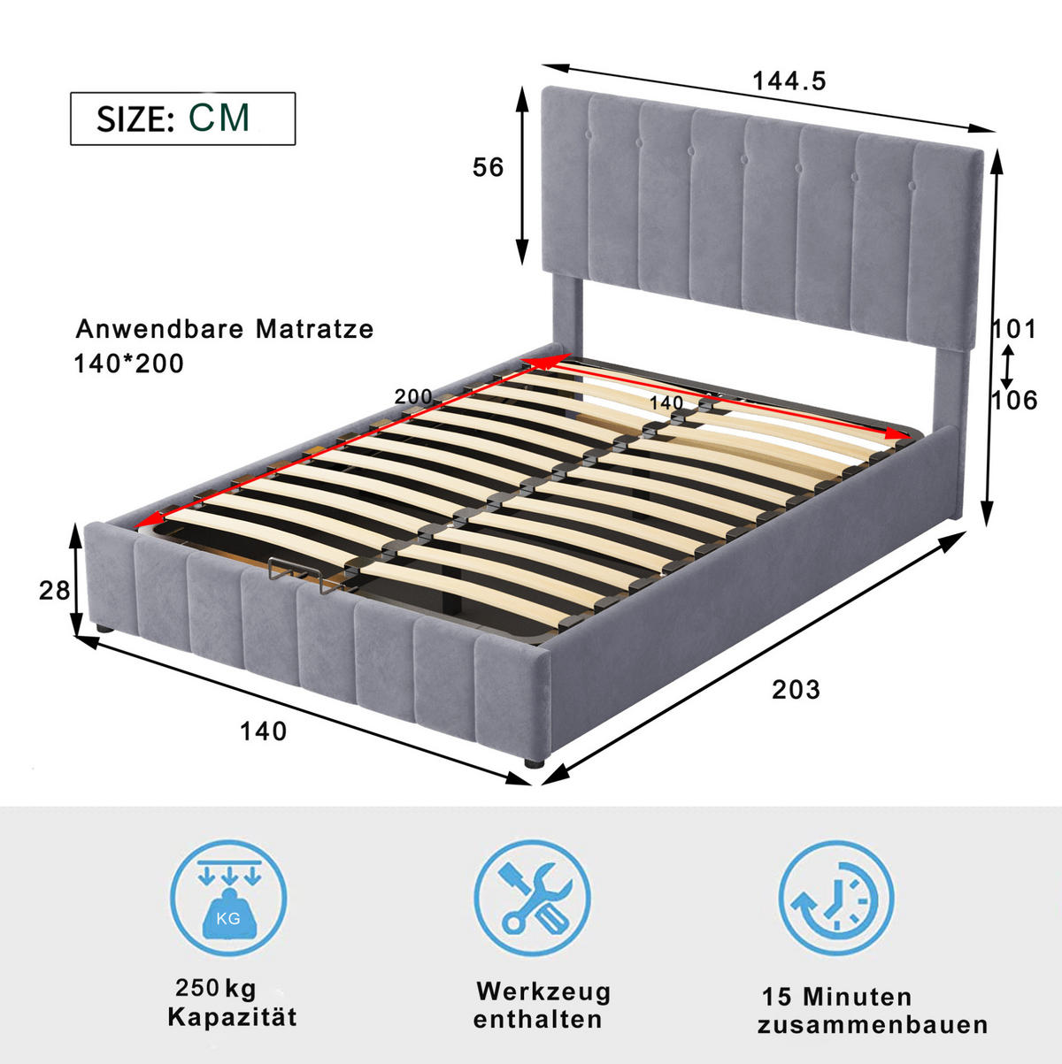 POLSTERBETT 140/200 cm grau mit hydraulischem Stauraum und höhenverstellbarem Kopfteil - Grau, Textil (140/200cm) - OKWISH