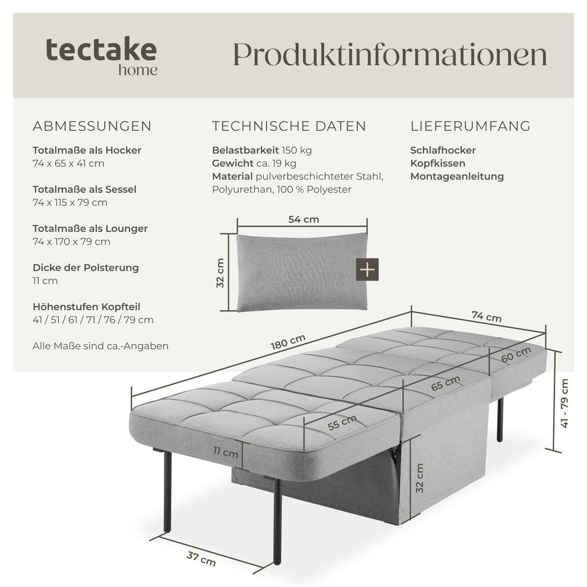 SCHLAFHOCKER Ponto,Belastbarkeit 150 kg ,hellgrau - Hellgrau, Textil (74/79/170cm) - tectake